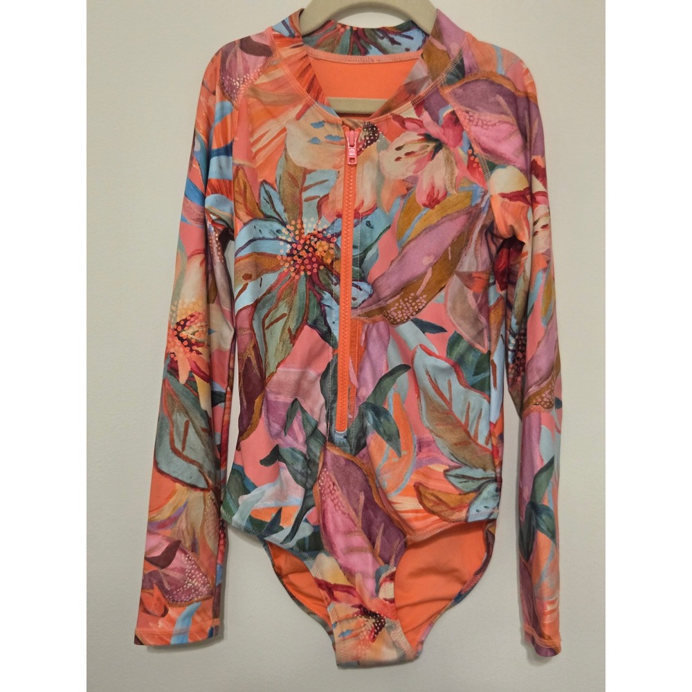 Next Kids Girls Orange Tropical Floral Long‎ Sleeve Rash Guard Swimsuit Size 8Y